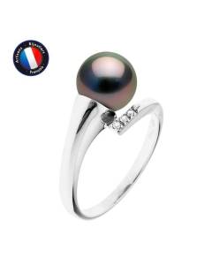 PERLINEA - Bague Véritable Perle de Culture de Tahiti Ronde 8-9 mm - Véritable Diamants - Or Blanc - Bijou Femme