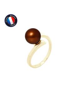 PERLINEA - Bague Véritable Perle de Culture d'Eau Douce Ronde 8-9 mm - Colori Chocolat - Or Jaune - Bijou Femme