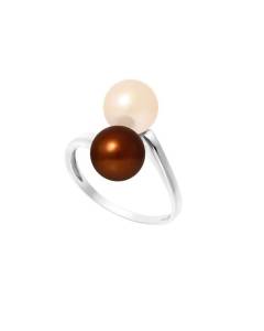 PERLINEA - Bague Véritables Perles de Culture d'Eau Douce Rondes 7-8 mm - Colori Rose Naturel & Chocolat - Argent 925 - Bijou Femme