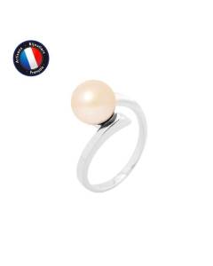 PERLINEA - Bague Véritable Perle de Culture d'Eau Douce Ronde 8-9 mm - Colori Rose Naturel - Or Blanc - Bijou Femme
