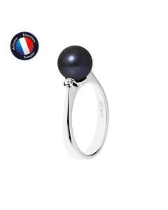 PERLINEA - Bague Véritable Perle de Culture d'Eau Douce Ronde 8-9 mm - Colori Black Tahiti - Diamant - Or Blanc - Bijou Femme