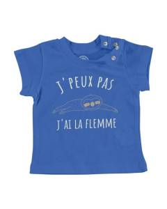 T-shirt Bébé Manche Courte Bleu J'Peux Pas J'ai la Flemme Paresseux Illustration