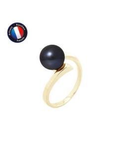 PERLINEA - Bague Véritable Perle de Culture d'Eau Douce Ronde 8-9 mm - Colori Black Tahiti - Or Jaune - Bijou Femme