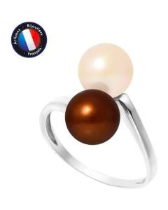 PERLINEA - Bague Véritables Perles de Culture d'Eau Douce Rondes 7-8 mm - Colori Rose Naturel & Chocolat - Or Blanc - Bijou Femme