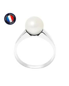 PERLINEA - Bague Véritable Perle de Culture d'Eau Douce Ronde 8-9 mm - Colori Blanc Naturel - Or Blanc - Bijou Femme