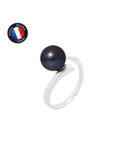 PERLINEA - Bague Véritable Perle de Culture d'Eau Douce Ronde 8-9 mm - Colori Black Tahiti - Or Blanc - Bijou Femme
