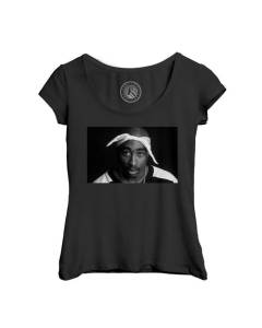 T-shirt Femme Col Echancré Noir Tupac Shakur Portrait Rapper Rap Hip Hop Legend Vintage