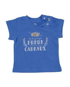T-shirt Bébé Manche Courte Bleu Échange Frère contre cadeaux Noel Hiver Père Noel