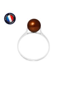 PERLINEA - Bague Véritable Perle de Culture d'Eau Douce Ronde 7-8 mm - Colori Chocolat - Or Blanc - Bijou Femme