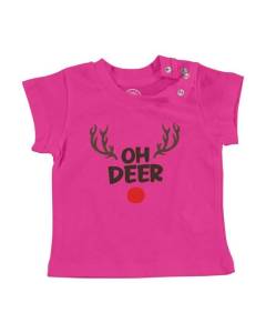 T-shirt Bébé Manche Courte Rose Oh Deer Renne Noel Hiver Cadeau Père Noel