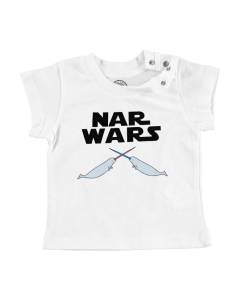 T-shirt Bébé Manche Courte Blanc Nar Wars La guerre des Narvals Parodie Film Etoiles Science fiction