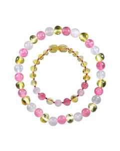 Box bracelet bébé et bracelet adulte en pierres naturelles- Ambre Lemon / Quartz / Calcédoine Jaune Rose Et Rose Clair