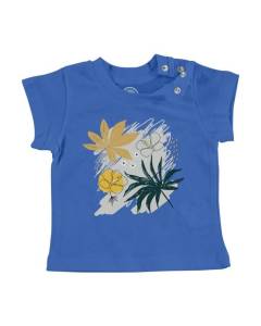 T-shirt Bébé Manche Courte Bleu Hibiscus Minimaliste dessin Tropical Exotique Jungle
