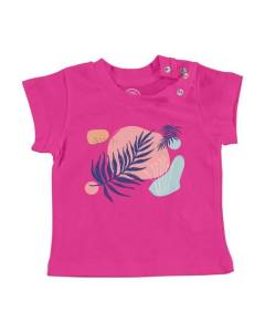 T-shirt Bébé Manche Courte Rose Feuille Pastel Tropical Exotique Jungle Minimaliste