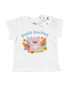 T-shirt Bébé Manche Courte Blanc Petit Cochon Dessin Illustration Mignon