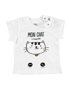 T-shirt Bébé Manche Courte Blanc Mon Chat M'Appelle Chaton Animaux Mignon