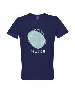 T-shirt Homme Col Rond Coton Bio Bleu Cheval Signe Astrologique Chinois Dessin Zodiaque Horoscope Animal Illustration