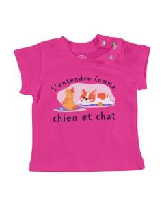 T-shirt Bébé Manche Courte Rose Comme Chien et Chat Expression Animal Mignon