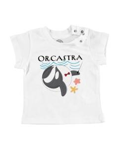 T-shirt Bébé Manche Courte Blanc Orcastra Orchestre Animaux Orque Mer Dessin Enfant