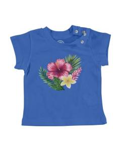 T-shirt Bébé Manche Courte Bleu Flore Hawaii Fleurs Tropical Exotique Jungle Mer Surf