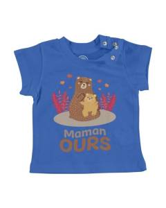 T-shirt Bébé Manche Courte Bleu Maman Ours Dessin Illustration Ourson