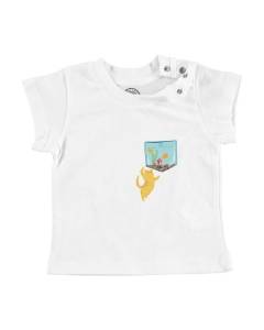 T-shirt Bébé Manche Courte Blanc Poche Surprise Chat Aquarium Poisson Dessin