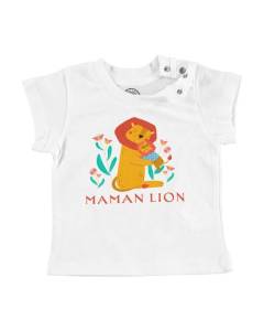 T-shirt Bébé Manche Courte Blanc Reine Maman Lion Dessin Illustration Savane