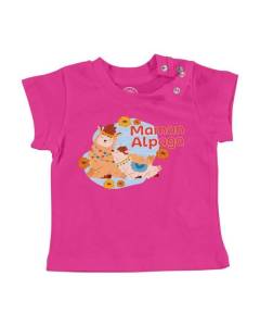 T-shirt Bébé Manche Courte Rose Maman Alpaga et son Bébé Dessin Illustration