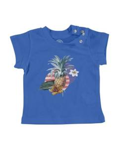 T-shirt Bébé Manche Courte Bleu Ananas et Fleurs Tropicales Exotique Jungle Botanique