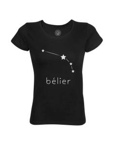 T-shirt Femme Col Rond Coton Bio Noir Belier Etoile Signe Astrologie Constellation Minimaliste