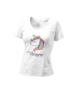 T-shirt Femme Col V Licorne Arc en Ciel Mignon Cheval