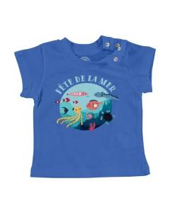T-shirt Bébé Manche Courte Bleu Fête de la Mer Poisson Animaux Dessin Illustration