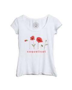 T-shirt Femme Col Echancré Blanc Coquelicot Fleurs Aquarelle Chic Jardin Amour
