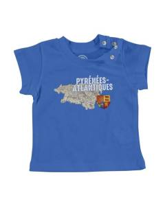 T-shirt Bébé Manche Courte Bleu Pyrénées Atlantiques 64 Département Pau Carte Ancienne Rare