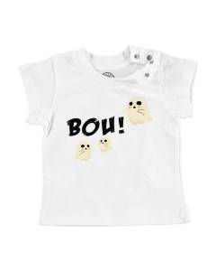 T-shirt Bébé Manche Courte Blanc Bou ! Petits Fantomes Halloween Peur Dessin Mignon