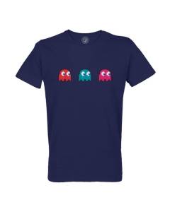 T-shirt Homme Col Rond Coton Bio Bleu Fantomes Pixel Personnages Jeux Video Retro Game Arcade 80's