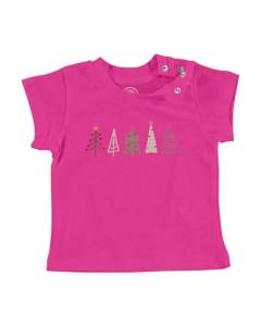 T-shirt Bébé Manche Courte Rose Sapins de Noel Hiver Cadeau Père Noel