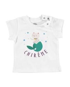 T-shirt Bébé Manche Courte Blanc Sirène Chat Animaux de Compagnie Mer Dessin