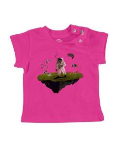 T-shirt Bébé Manche Courte Rose Cosmonaute Scaphandrier Poisson Collage Art Surréalisme