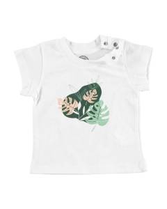 T-shirt Bébé Manche Courte Blanc Feuilles Minimaliste Tropical Exotique Jungle