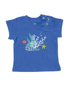 T-shirt Bébé Manche Courte Bleu Corail Minimaliste Tropical Exotique Jungle Mer Plongée