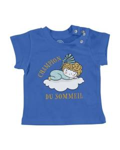 T-shirt Bébé Manche Courte Bleu Champion Du Sommeil Dessin Original Mignon Bébé