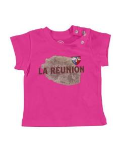 T-shirt Bébé Manche Courte Rose La Réunion 974 Ile Departement Carte Ancienne France