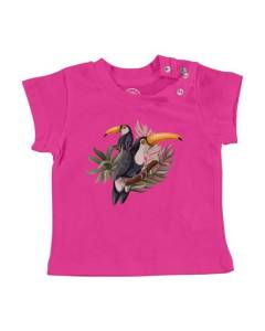 T-shirt Bébé Manche Courte Rose Toucan Perché Arbre Tropical Exotique Jungle Oiseau