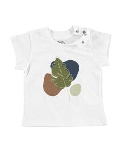 T-shirt Bébé Manche Courte Blanc Feuille Tropicale Line Art Tropical Exotique Jungle Minimaliste