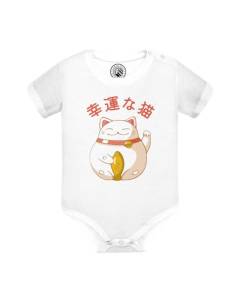 Body Bébé Manche Courte Blanc Maneki-Neko Chat Japon Asie Culture Chine Porte Bonheur