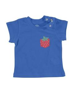 T-shirt Bébé Manche Courte Bleu Poche Fraise Printemps Fruit Mignon Illustration Dessin
