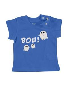 T-shirt Bébé Manche Courte Bleu Bou ! Petits Fantomes Halloween Peur Dessin Mignon