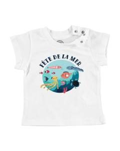 T-shirt Bébé Manche Courte Blanc Fête de la Mer Poisson Animaux Dessin Illustration