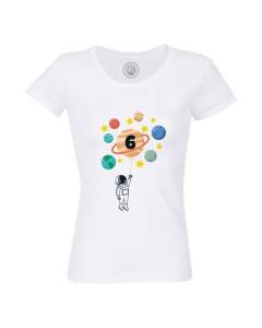 T-shirt Femme Col Rond Coton Bio Blanc Astronaute 6 ans Celebration Celebration Anniversaire Celebration Espace Planete Galaxie
